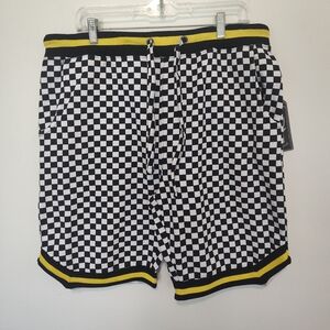 Men's Black & White Check Board Shorts with Yellow Trim